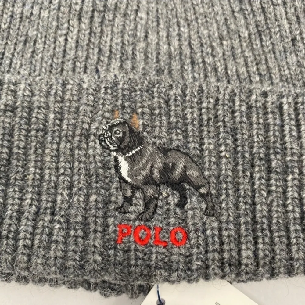 Polo Ralph Lauren Collectable Grey French Bulldog Dog Wool Beanie Hat NWOT